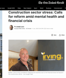 “Screenshot of NZ Herald coverage featuring Marti Amos on mental health and financial reform in New Zealand’s construction industry.”