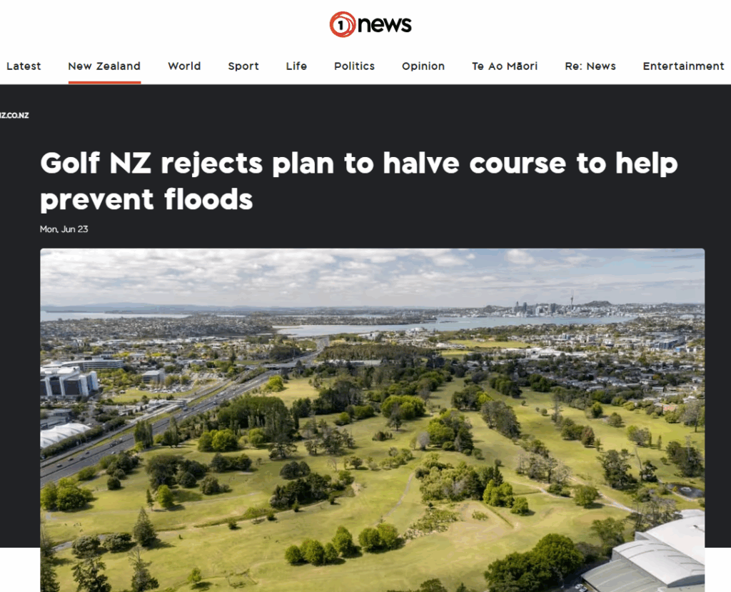 Screenshot of 1News website covering the Takapuna Golf redevelopment controversy