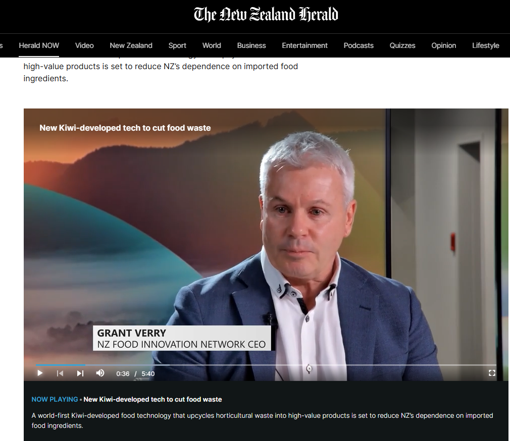 Screenshot of NZ Herald article covering Powered by Plants’ food waste upcycling innovation