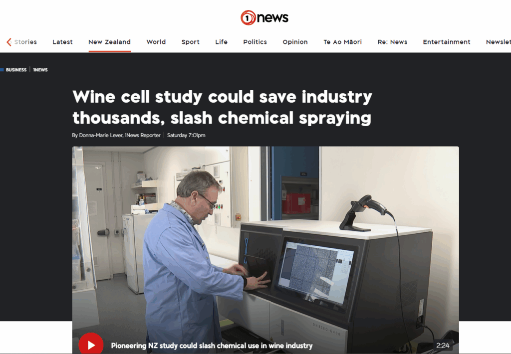Screenshot of 1News coverage on genomic testing to reduce chemicals in NZ vineyards