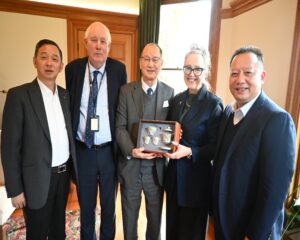 Professor Yihuai Gao with Alpha Group presenting ceremonial tea set to Massey University with Tony Gao, Paul Moughan, Giselle Byrnes and David Gao.