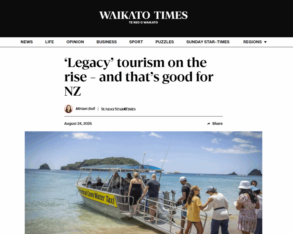 Screenshot of Waikato Times coverage on luxury tourism New Zealand and legacy tourism