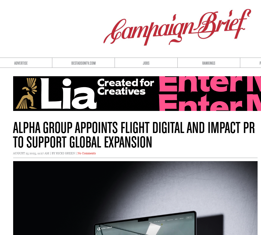 Screenshot of Campaign Brief coverage on Alpha Group and PR agency Auckland global expansion