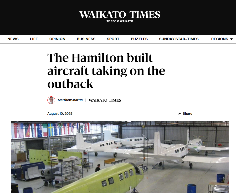 Screenshot of Waikato Times coverage on NZAero SuperPac 750XL-II charity mission