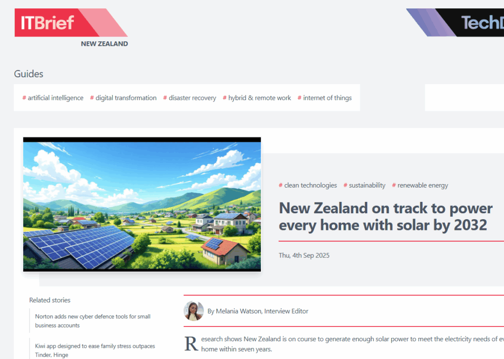 Screenshot of media coverage on Solar Energy – New Zealand Installer growth