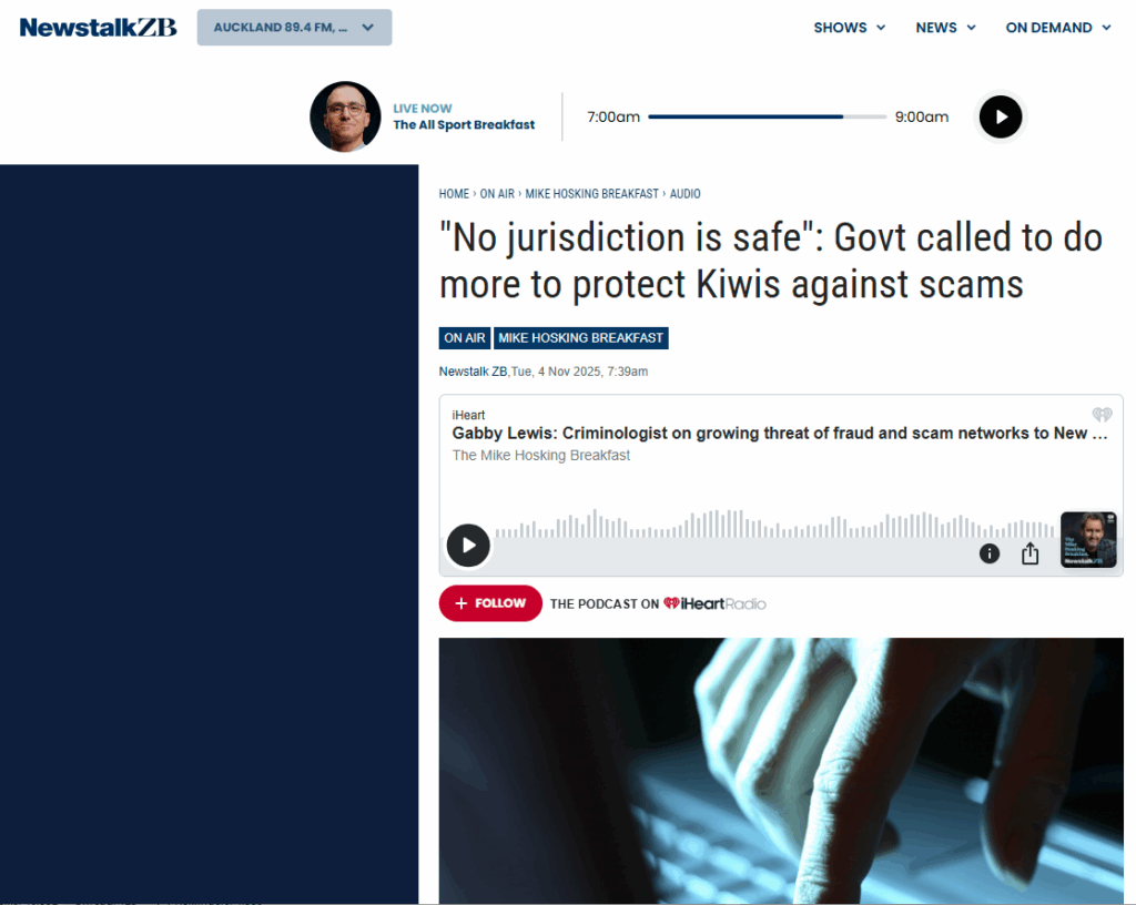 Screenshot of Newstalk ZB coverage on cyber crime regulation