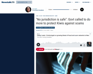 Screenshot of Newstalk ZB coverage on cyber crime regulation