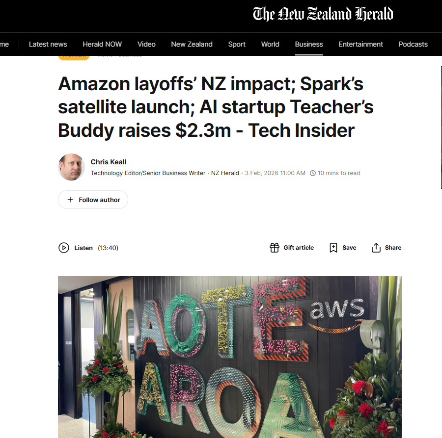 NZ Herald article covering Teacher’s Buddy AI education platform funding