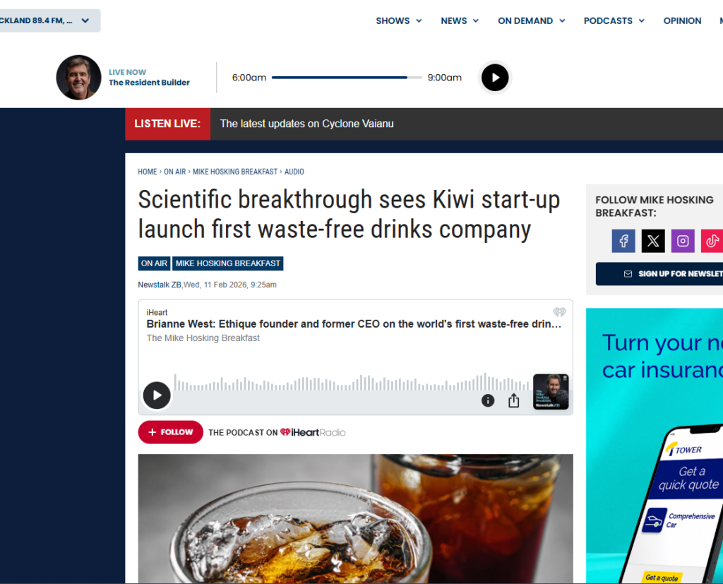 Screenshot of Newstalk ZB coverage on plastic free beverage New Zealand