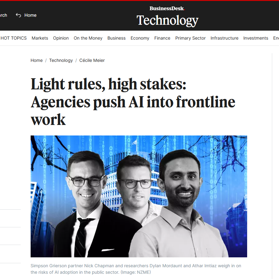 Screenshot of BusinessDesk coverage on AI regulation New Zealand