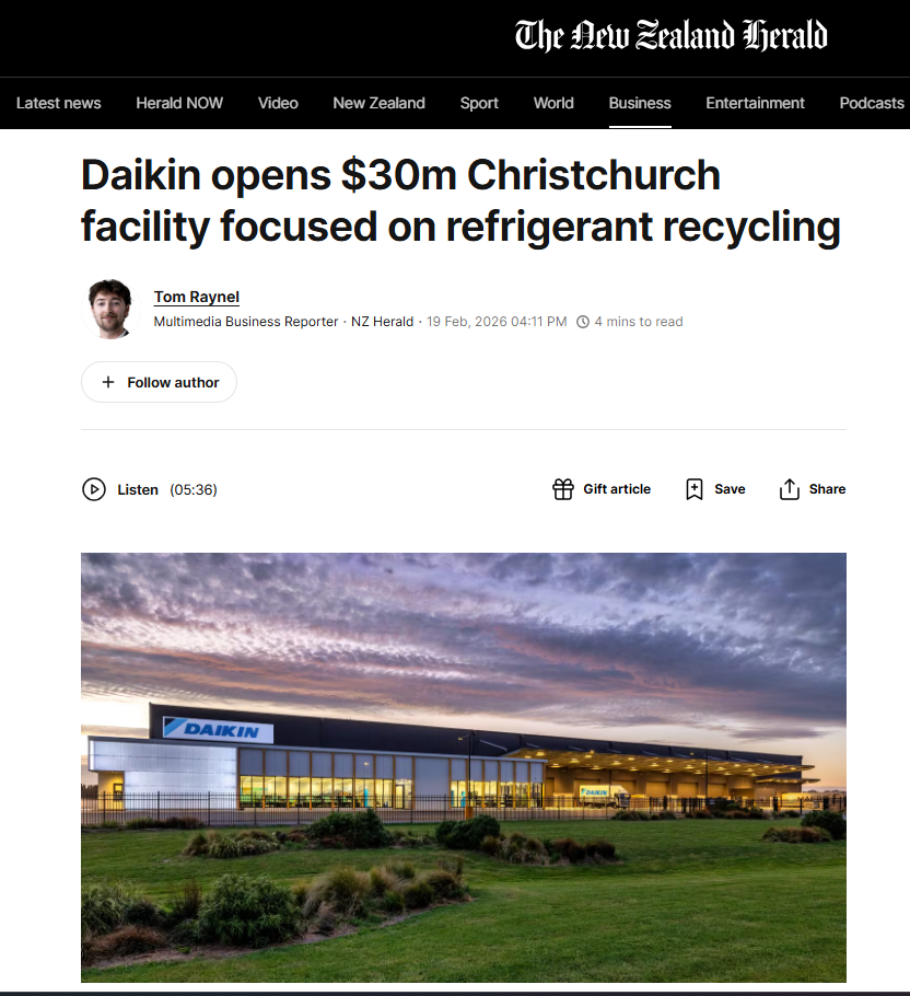Screenshot of NZ Herald coverage on refrigerant recycling New Zealand