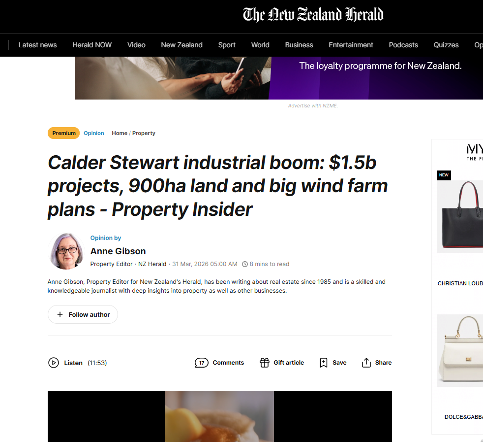 Screenshot of NZ Herald coverage on industrial property NZ