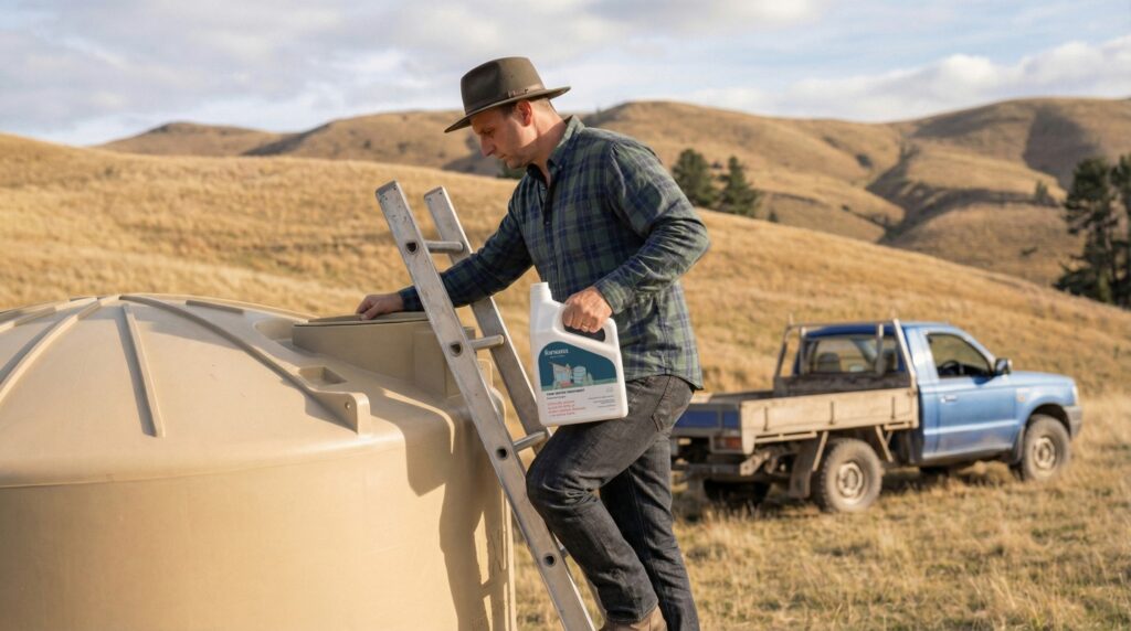 Rural rainwater tank system showing roof collection setup rainwater tank safety NZ
