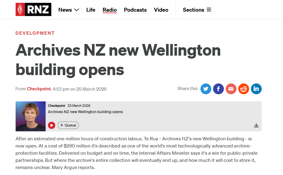 Screenshot of RNZ coverage on Te Rua archive facility in New Zealand