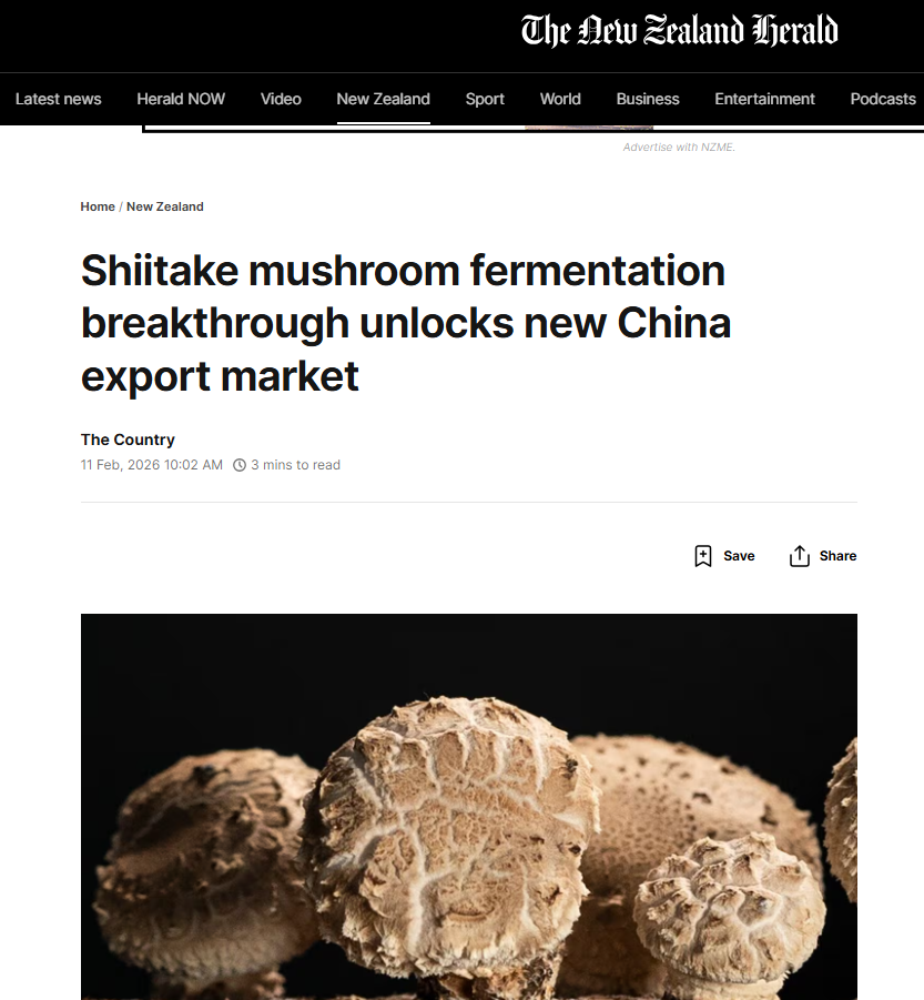 Screenshot of NZ Herald coverage on shiitake mushroom extracts