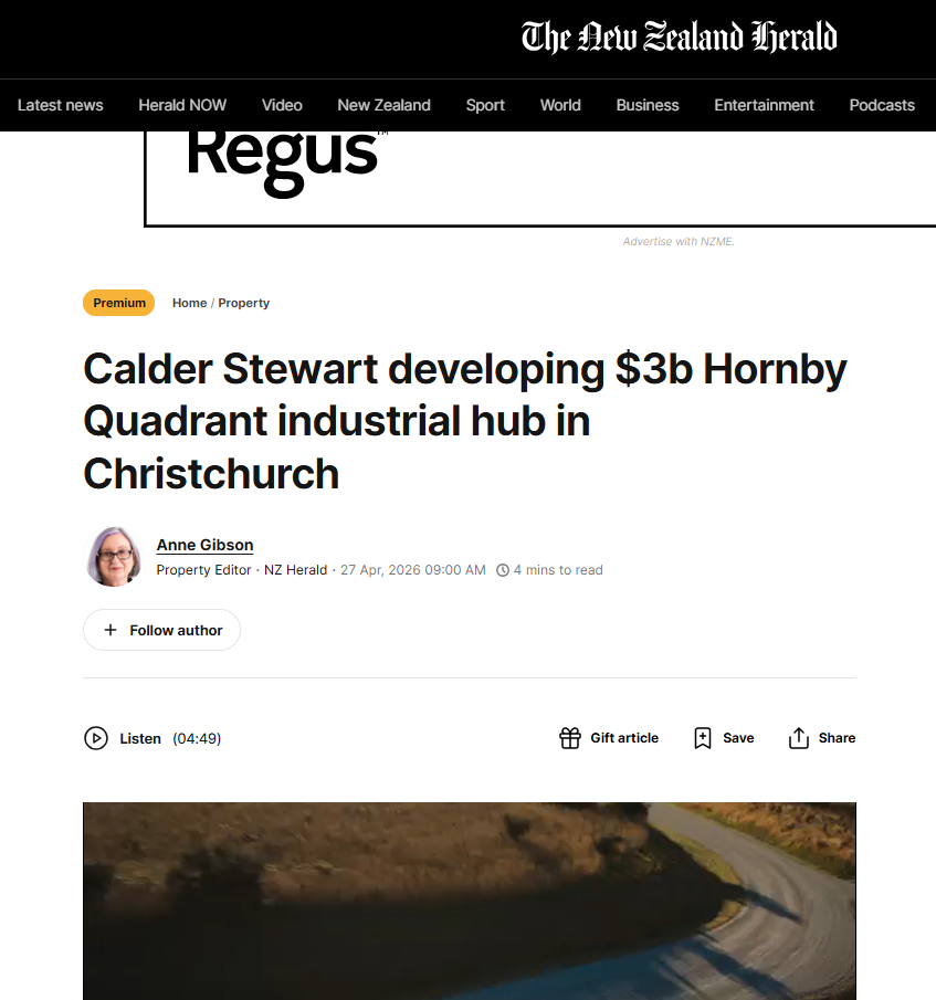 Screenshot of NZ Herald coverage on Hornby Quadrant industrial expansion