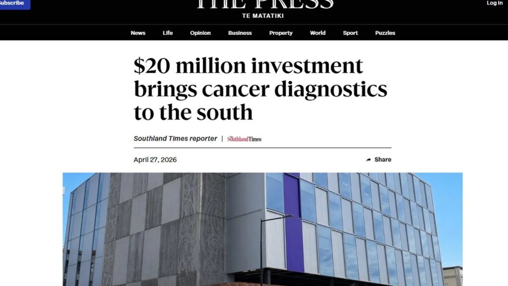 Screenshot of The Press coverage on advanced cancer imaging and the $20 million cancer diagnostics investment in the South Island