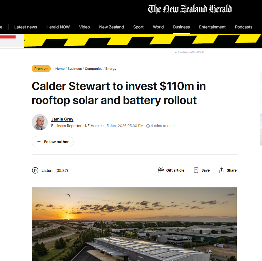 Screenshot of NZ Herald coverage on Calder Stewart rooftop solar New Zealand investment