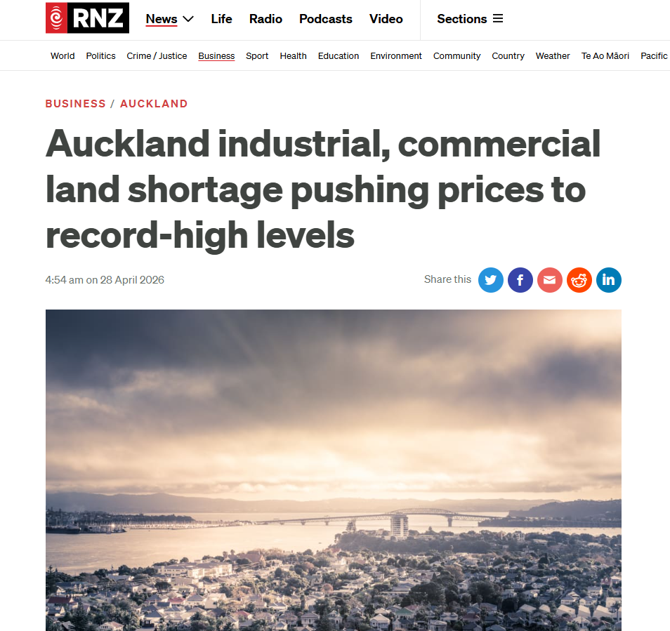 Screenshot of RNZ coverage on Auckland commercial land shortage and rising industrial property prices