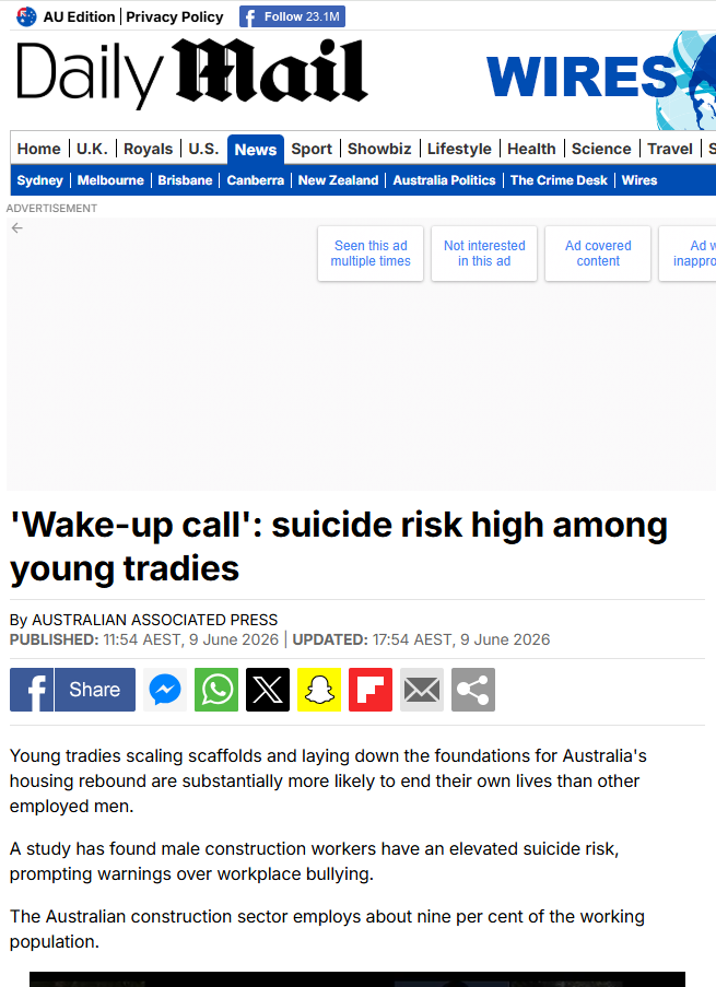 Screenshot of Daily Mail Australia coverage on construction industry suicide risk and workplace bullying