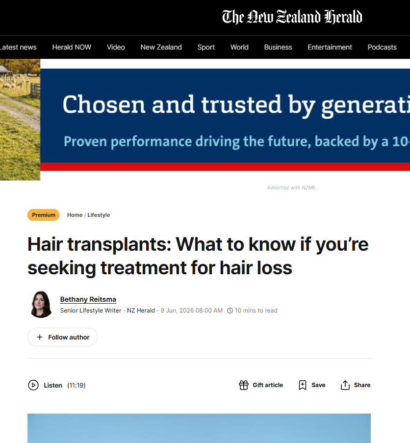 Screenshot of NZ Herald coverage on hair transplant cancer risk