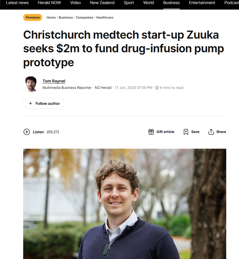 Screenshot of NZ Herald coverage on Zuuka wearable drug platform