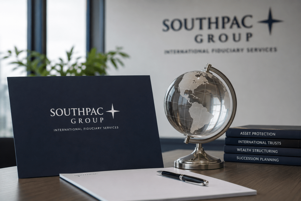 Southpac Group international fiduciary services visual featuring a globe, asset protection, international trusts and wealth structuring
