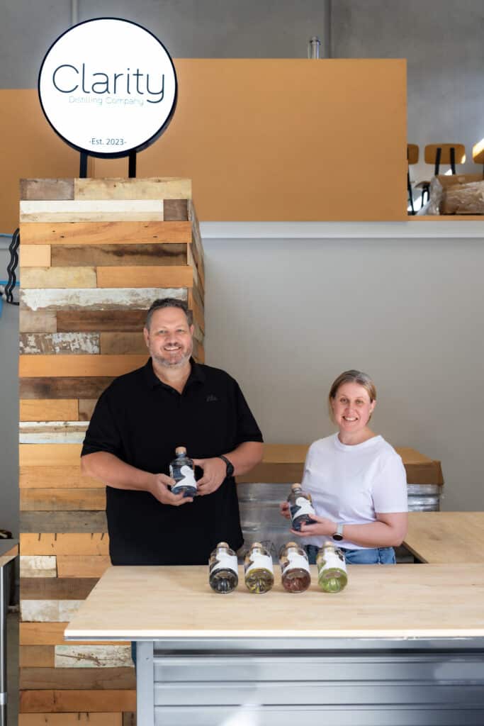 Clarity Distilling Company founders George White and Stephanie Downer with their award-winning New Zealand gin