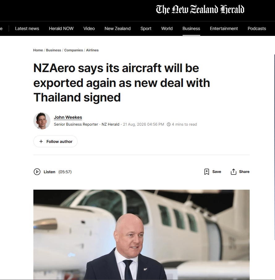 Screenshot of NZ Herald coverage of NZAero restarting pilot training aircraft production