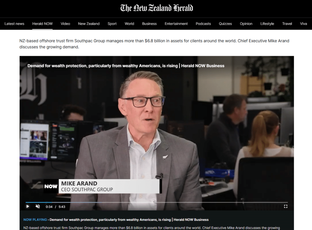 Screenshot of NZ Herald coverage of Southpac Group and offshore asset protection demand among US doctors