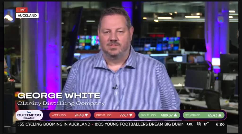 Screenshot of TVNZ Breakfast coverage on Clarity Distilling Company’s New Zealand gin export plans
