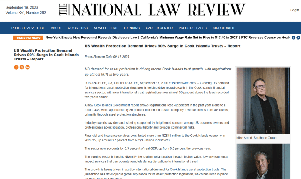 Screenshot of the national law review coverage of asset protection trusts and Cook Islands financial services growth