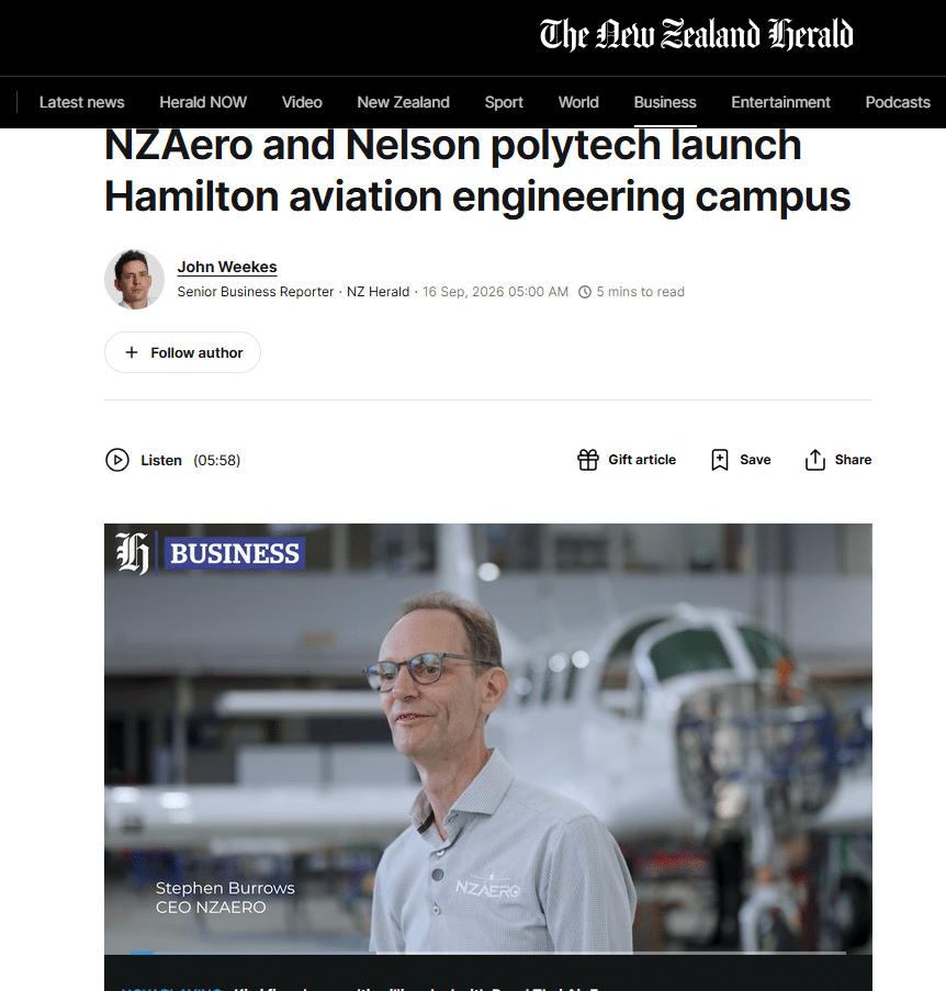 Screenshot of NZ Herald coverage of NZAero and NMIT aviation engineering training in Hamilton