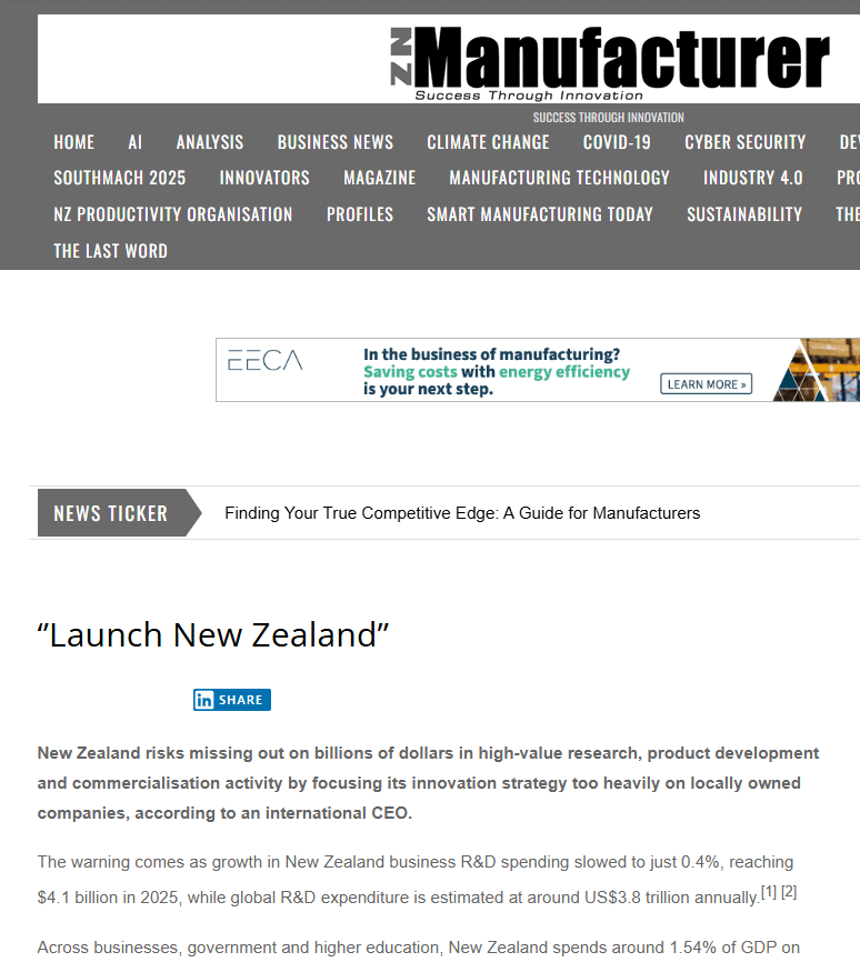 Screenshot of NZ Manufacturer coverage of New Zealand innovation and Peter Price AM’s call to attract more global R&D