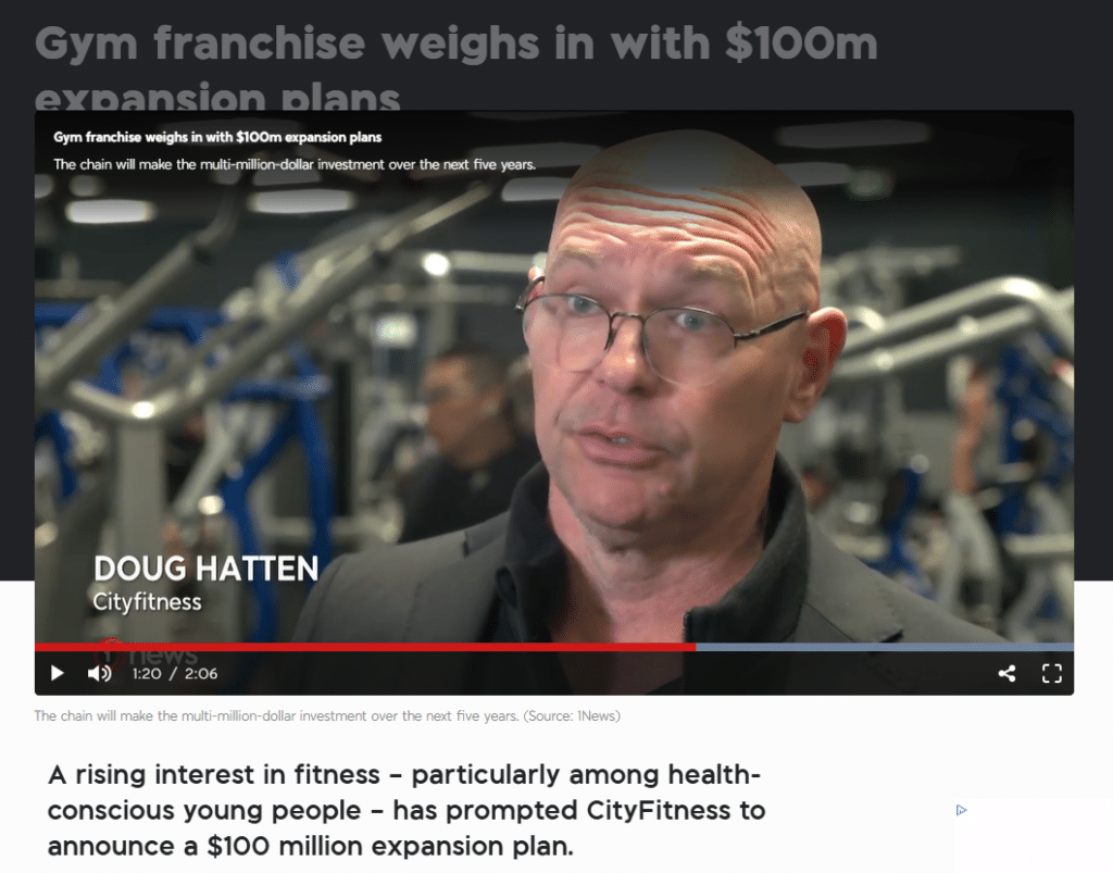 Screenshot of 1news coverage of the CityFitness expansion and planned $100m gym investment