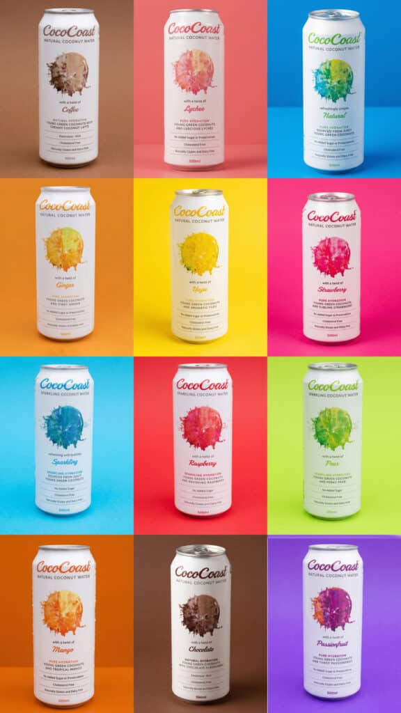 CocoCoast coconut water cans from the Australian beverage exporter's product range