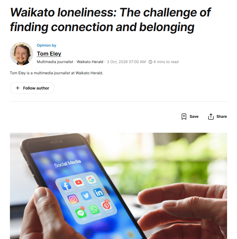 Screenshot of NZ Herald coverage of loneliness in New Zealand and the Zeeën social discovery platform
