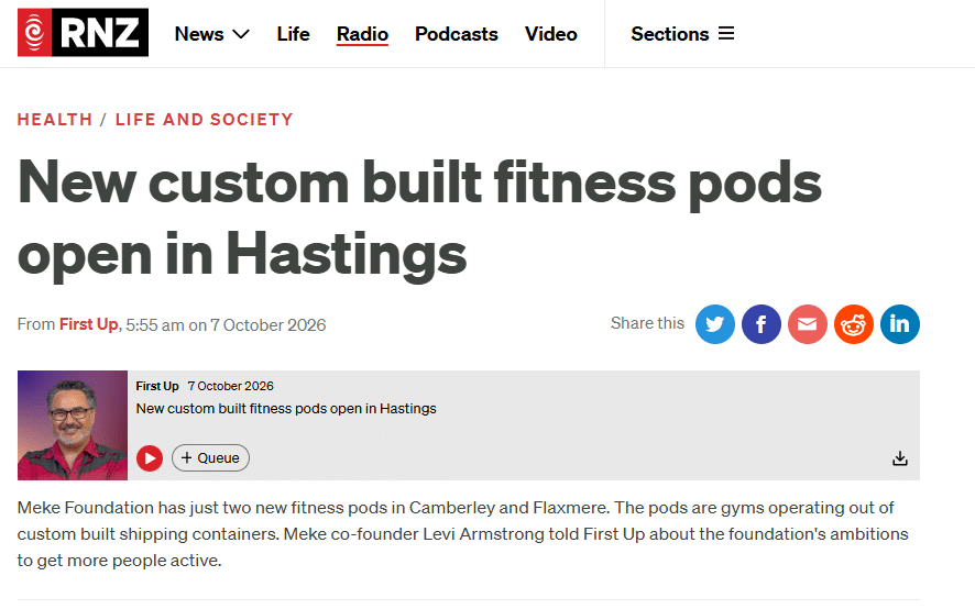Screenshot of RNZ coverage of the Meke Foundation community fitness pods in Hawke’s Bay