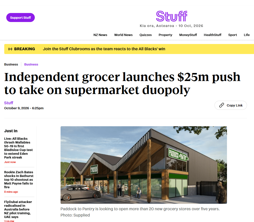 Screenshot of Stuff coverage of Paddock to Pantry's planned supermarket expansion in New Zealand