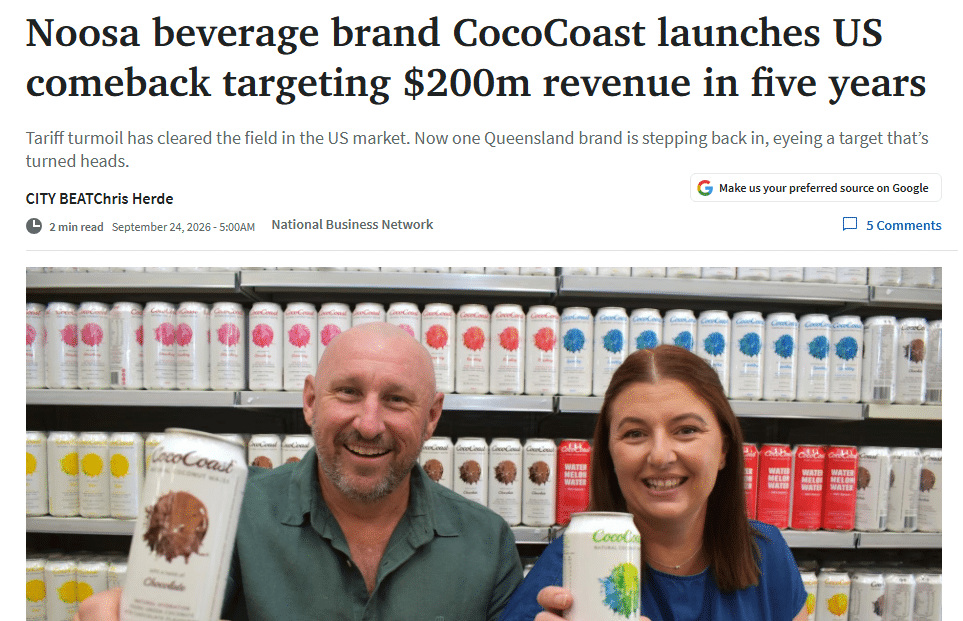 Screenshot of The Courier-Mail coverage of CocoCoast's coconut water export expansion